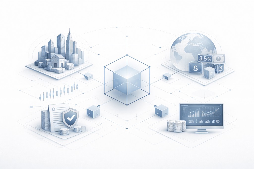 Tokenización: blockchain central conectado a bienes raíces, mercados globales, compliance y análisis digital